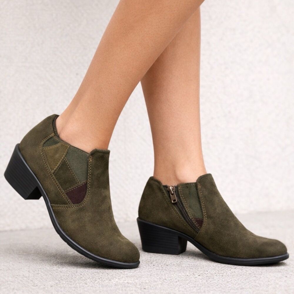 Earth Origins Grreen Suede Zip Comfort Low Heel Christine Ankle Boots